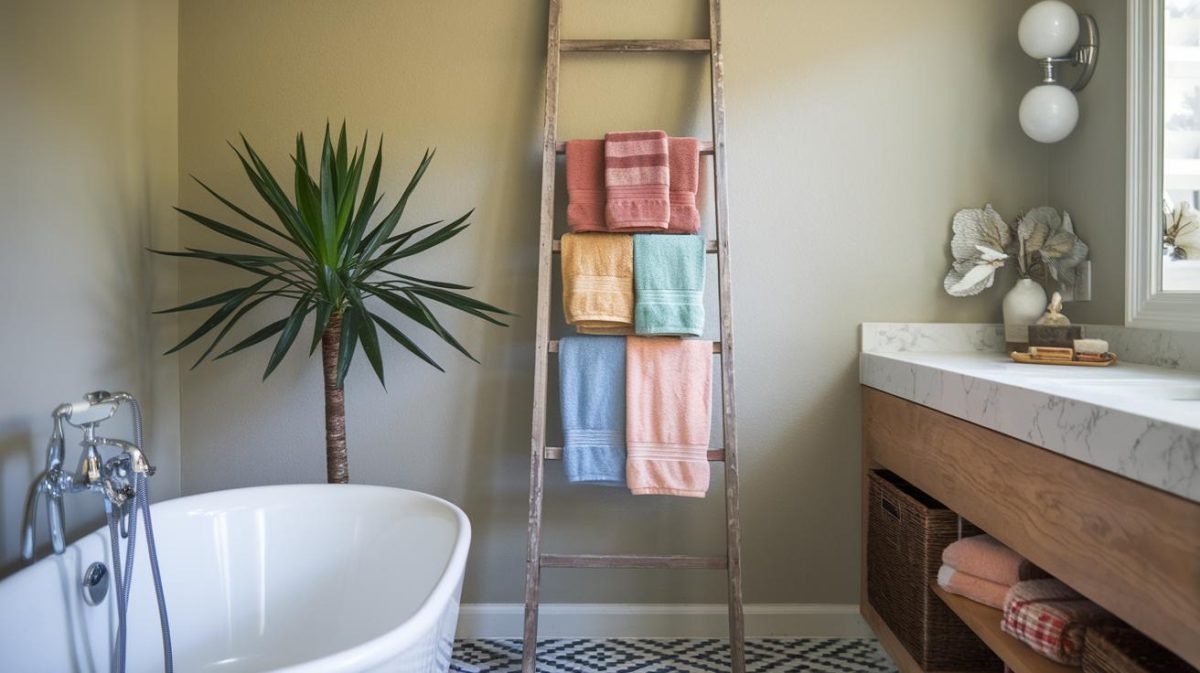 Transformez une échelle inutilisée en un chic porte-serviettes pour la salle de bain